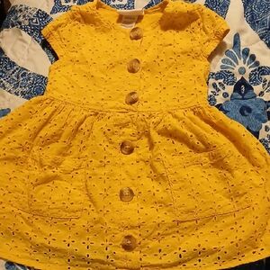 Little Lass Mustard Yellow Eyelet Dress Floral Lined w/Pockets Girls Dress 24M